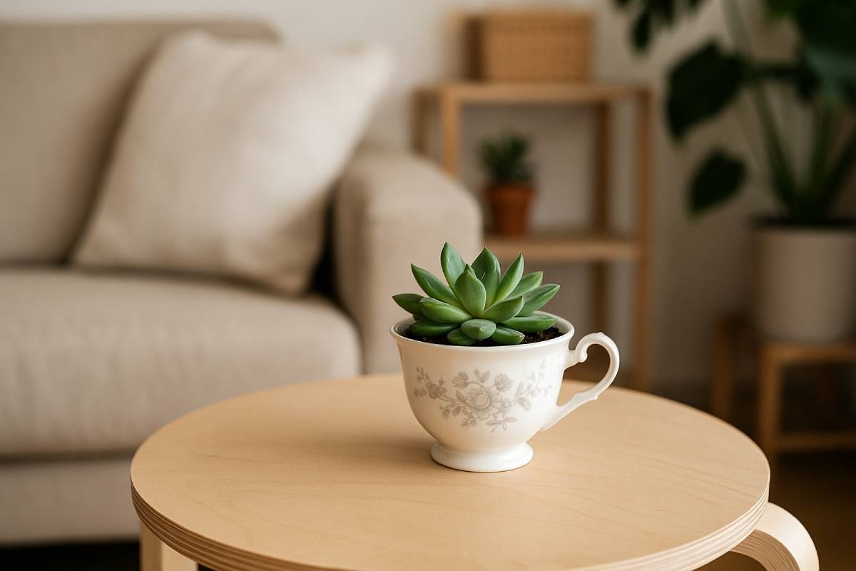 Vintage mug with succulent plant