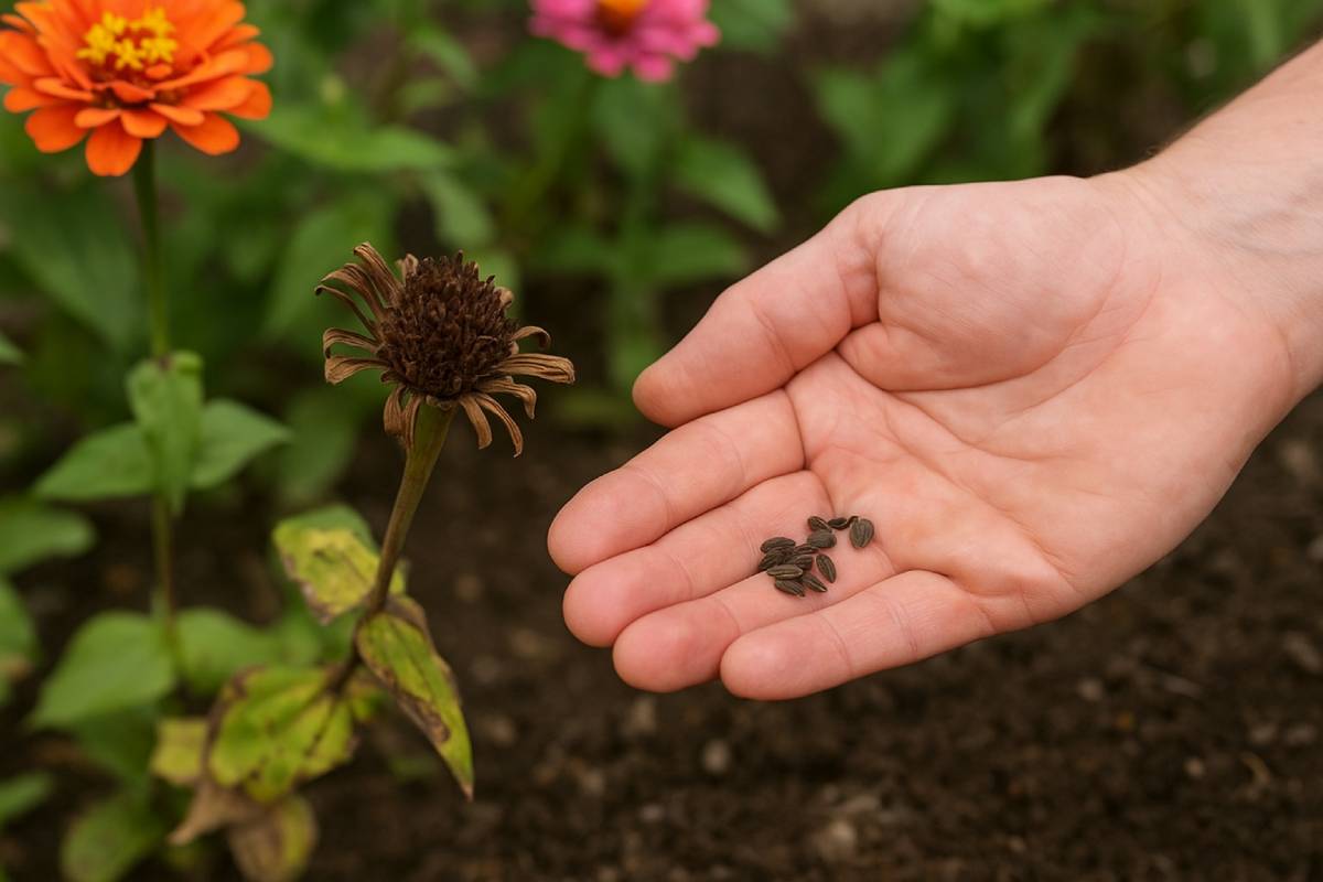 Collecting zinnia seeds
