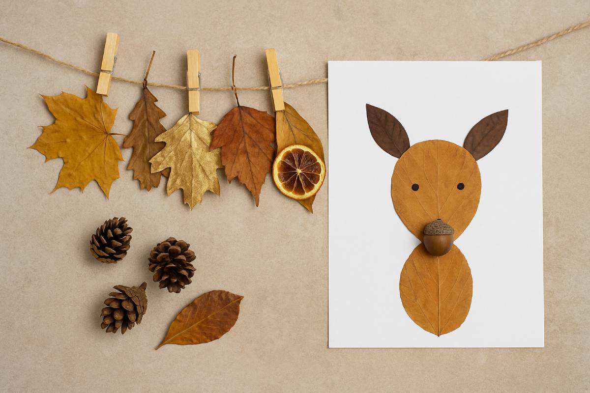Crafts with leaves, pine cones and dried oranges
