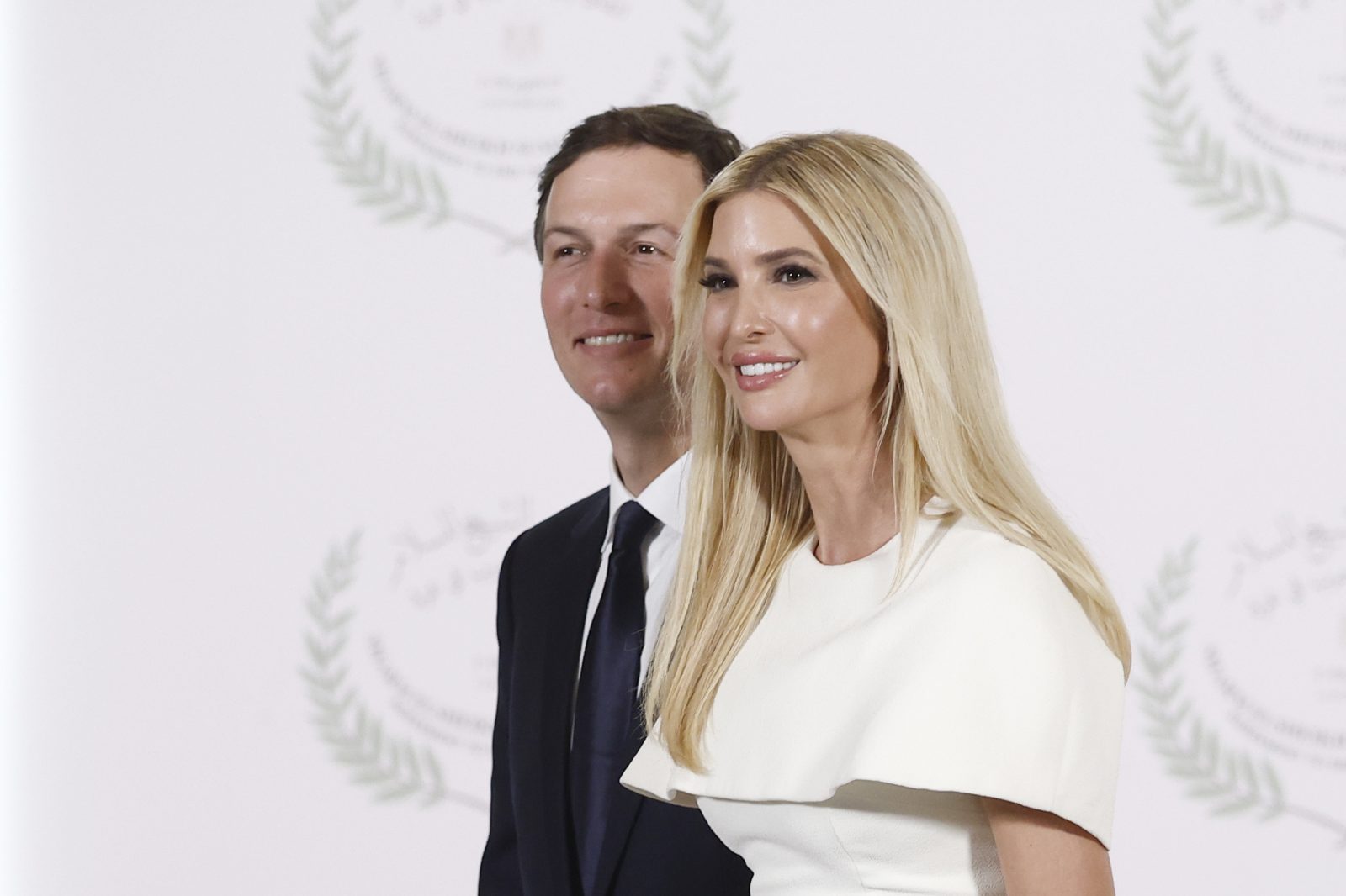 Ivanka Trump, daughter of U.S. President Trump, and her husband Jared Kushner pose during the greeting ceremony before a family photo at the Gaza Peace Summit in Sharm El Sheikh, Egypt, Monday, Oct. 13, 2025. (Yoan Valat, Pool photo via AP)