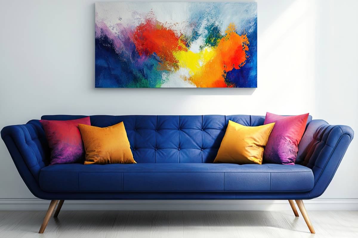 Blue sofa on white wall