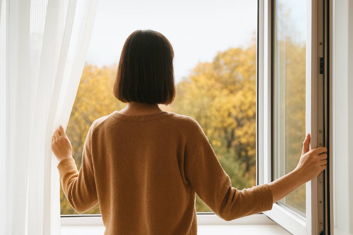 Woman opening the window to ventilate the house in autumn against mold