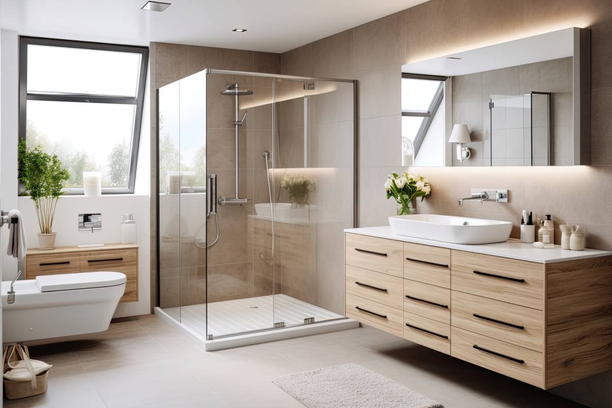 Wood effect bathroom with light colors and transparent elements