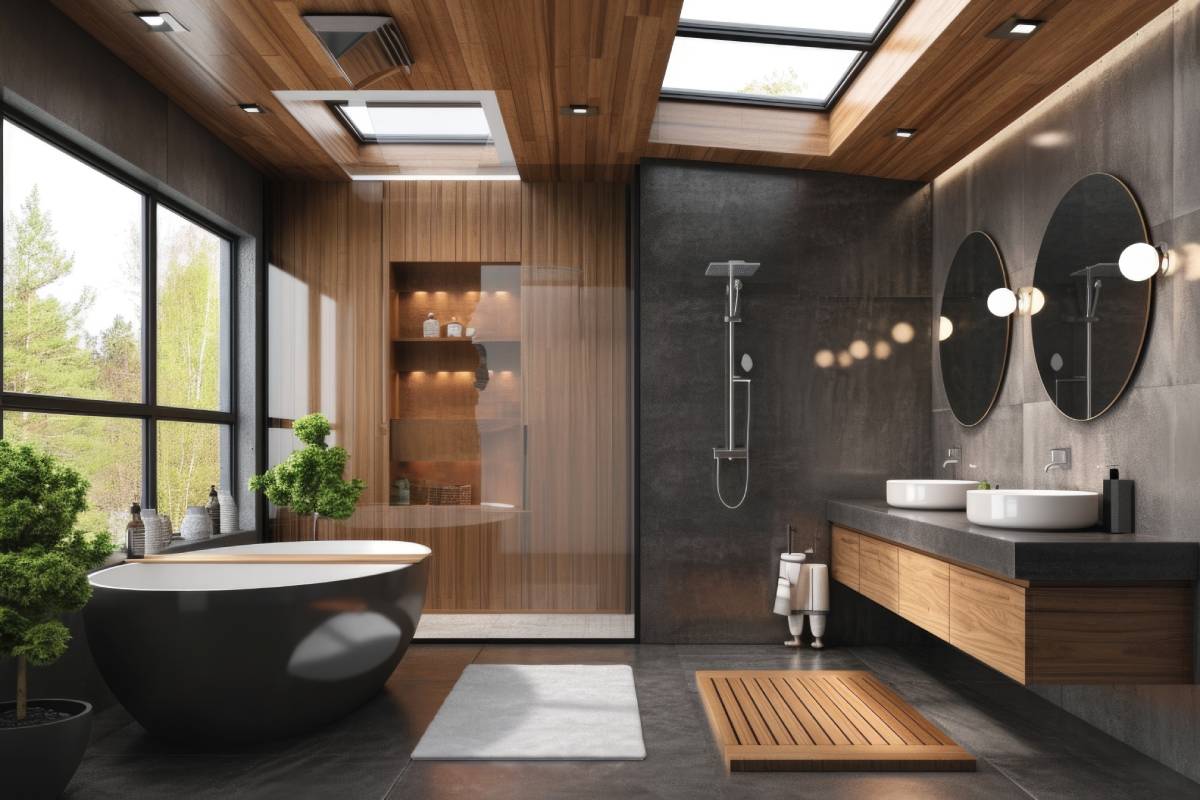 Black and wood bathroom