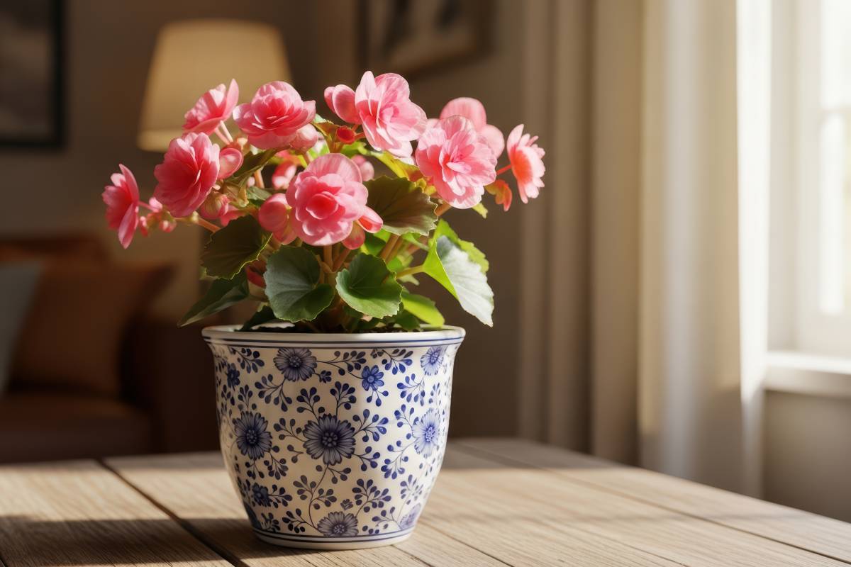 Pink begonia at the window