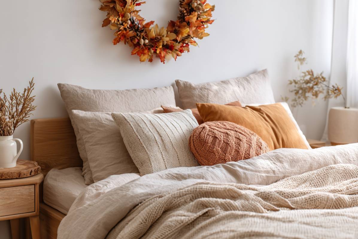 Leaf wreath in the autumn bedroom