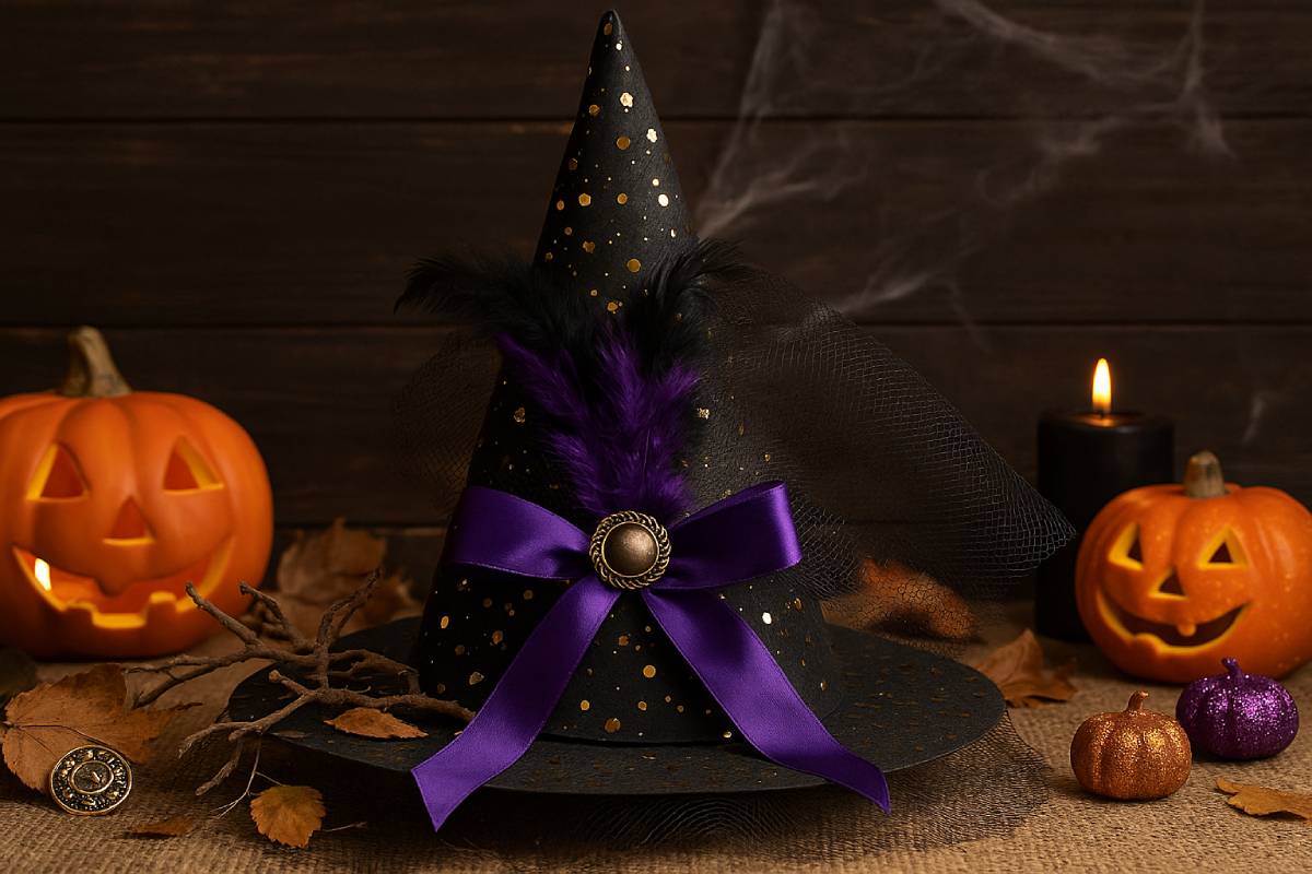 Black witch hat for Halloween with feathers, sequins, glitter and vintage buttons