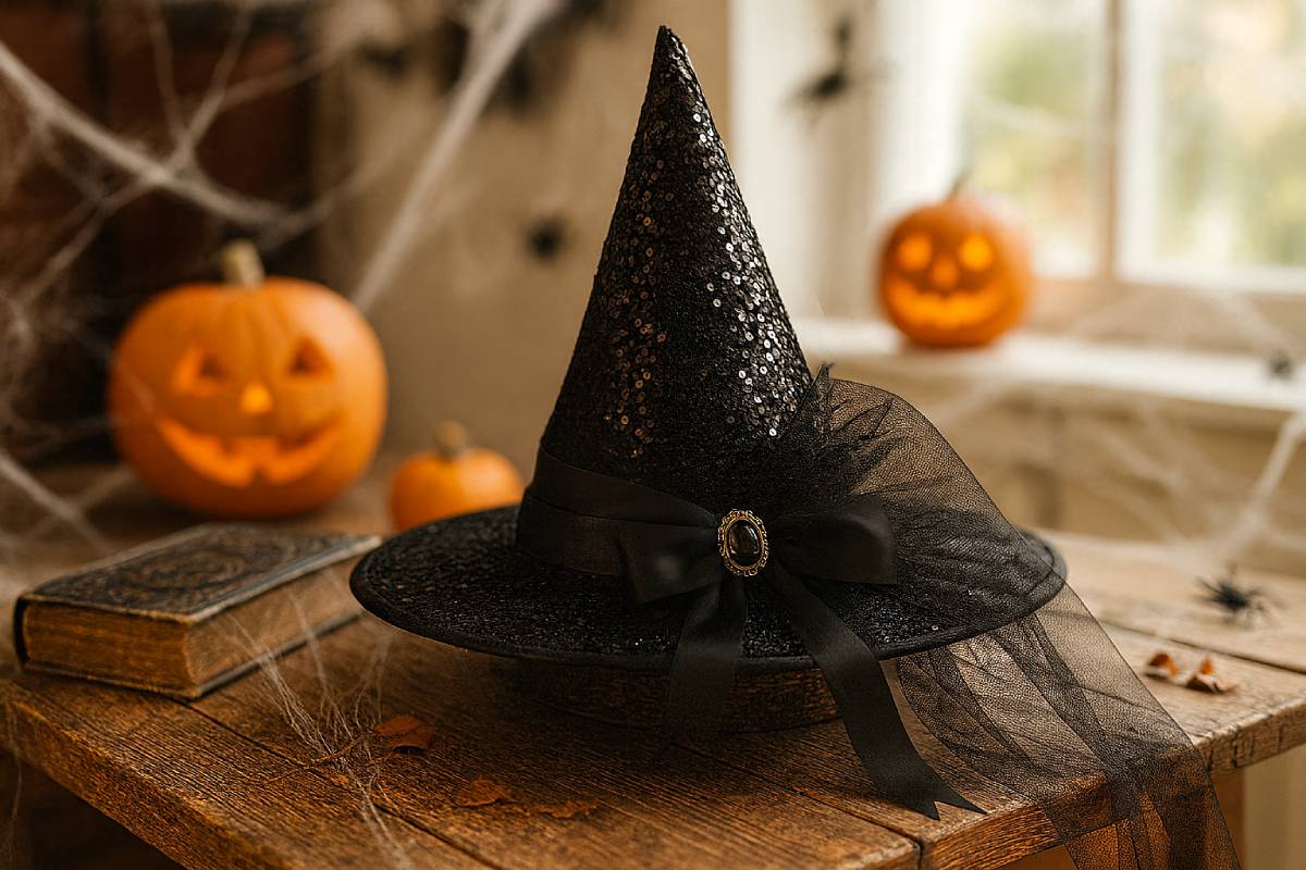 Witch hat in no time, in a Halloween themed room