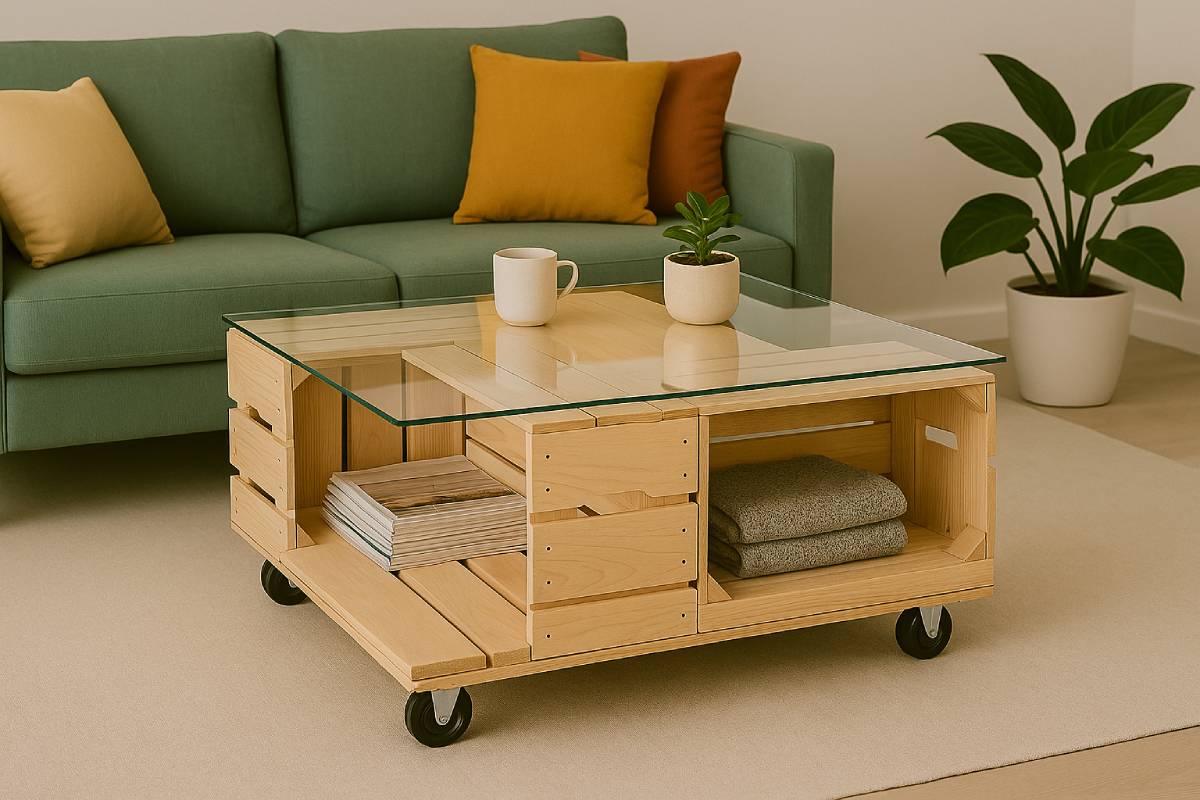 Storage table with wooden boxes