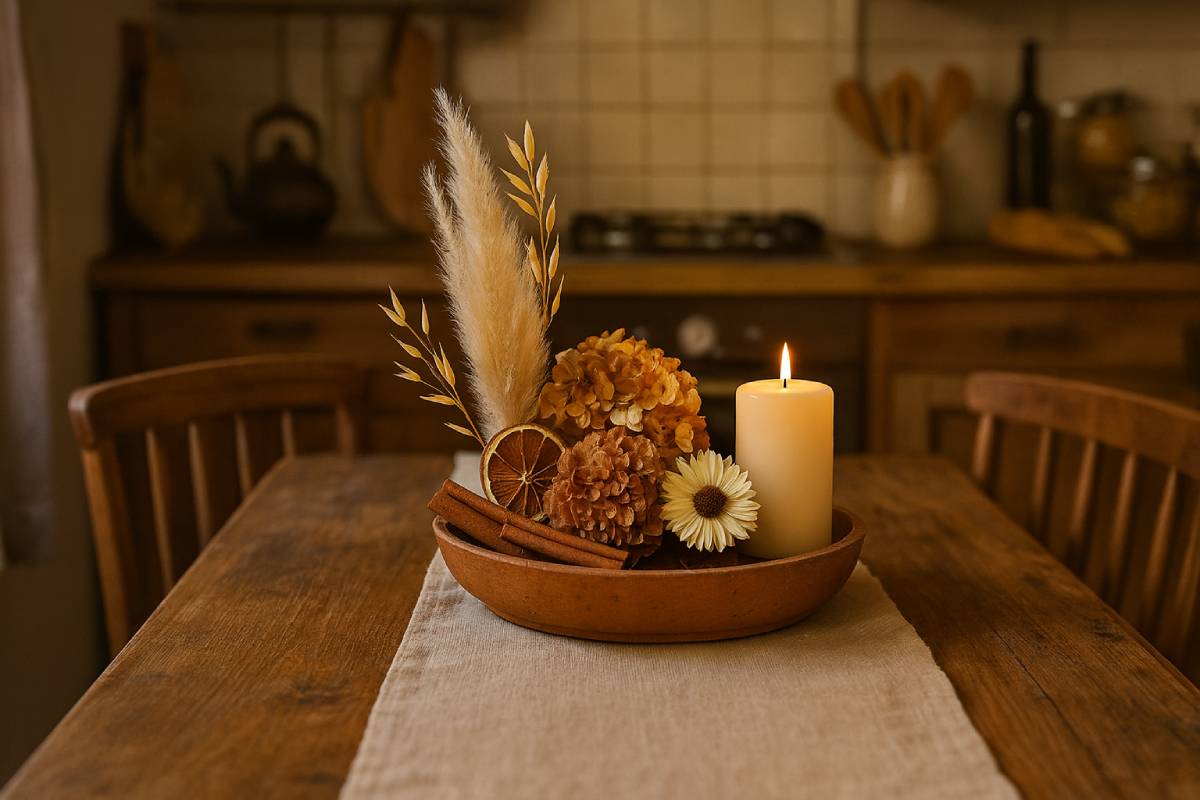 Centerpiece with dried flowers, pampas and cinnamon