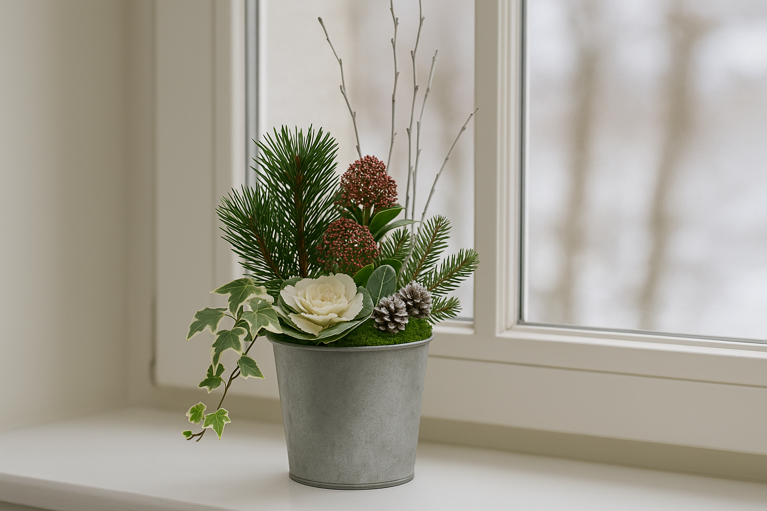 Planter with dry branches and small snow-covered pine cones