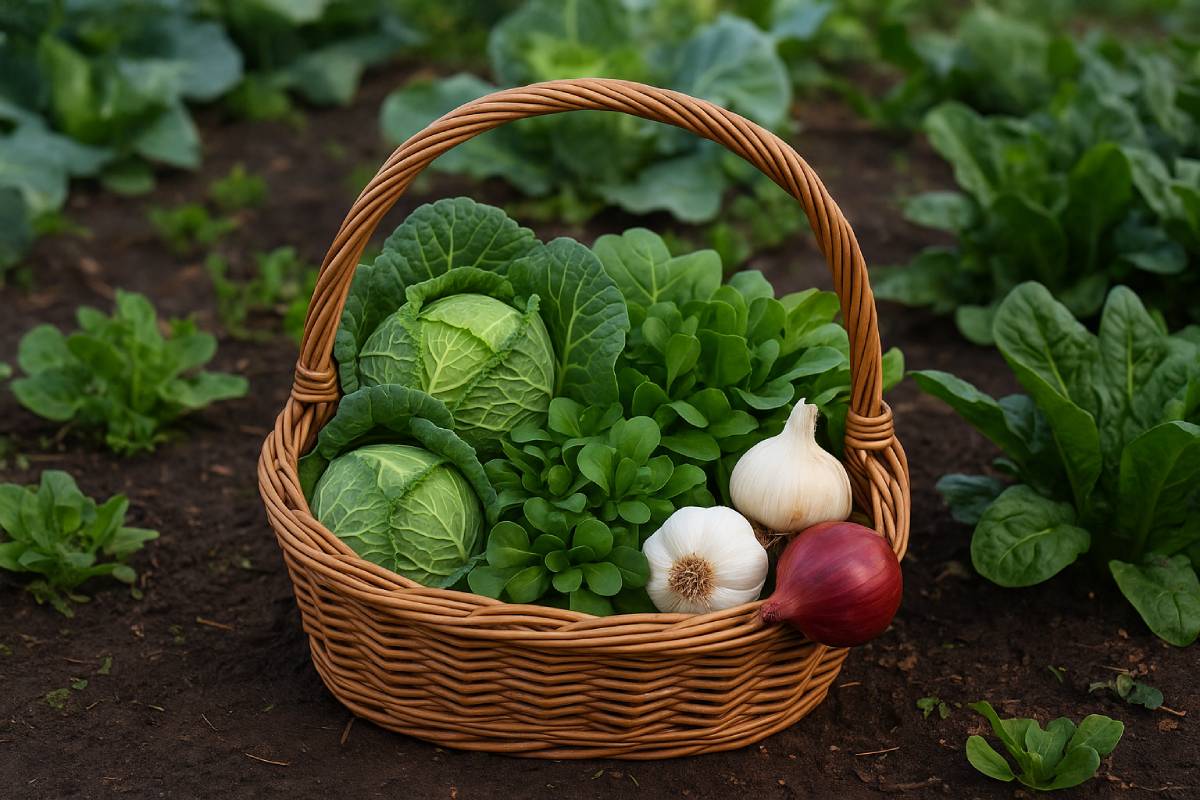 Basket with autumn vegetables to be sown in autumn before the winter frost