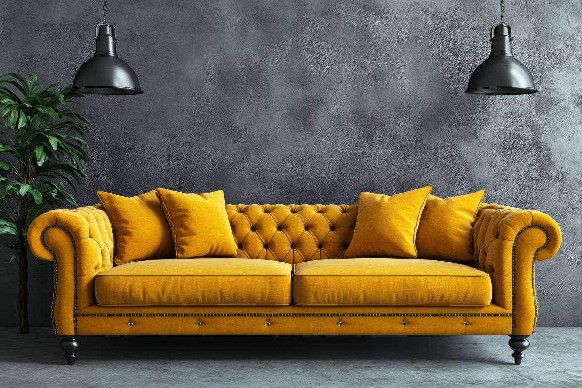 Mustard sofa on gray wall