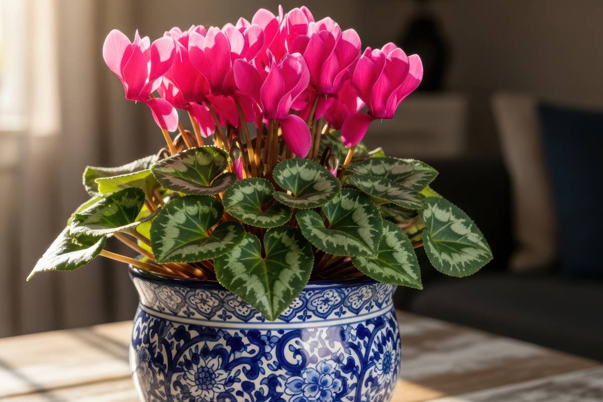 Pink cyclamen in ceramic pot