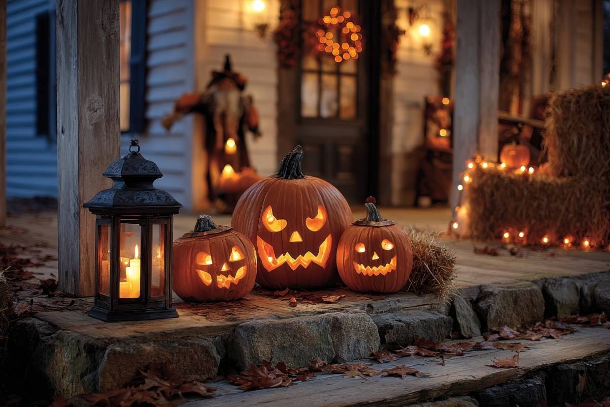 Halloween pumpkins carved on the porch