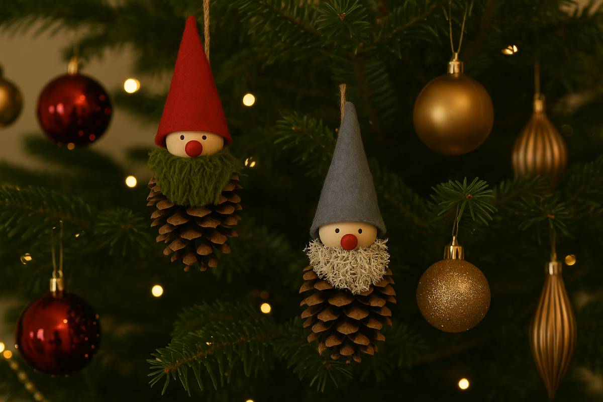 Gnomes made from pine cones on a Christmas tree