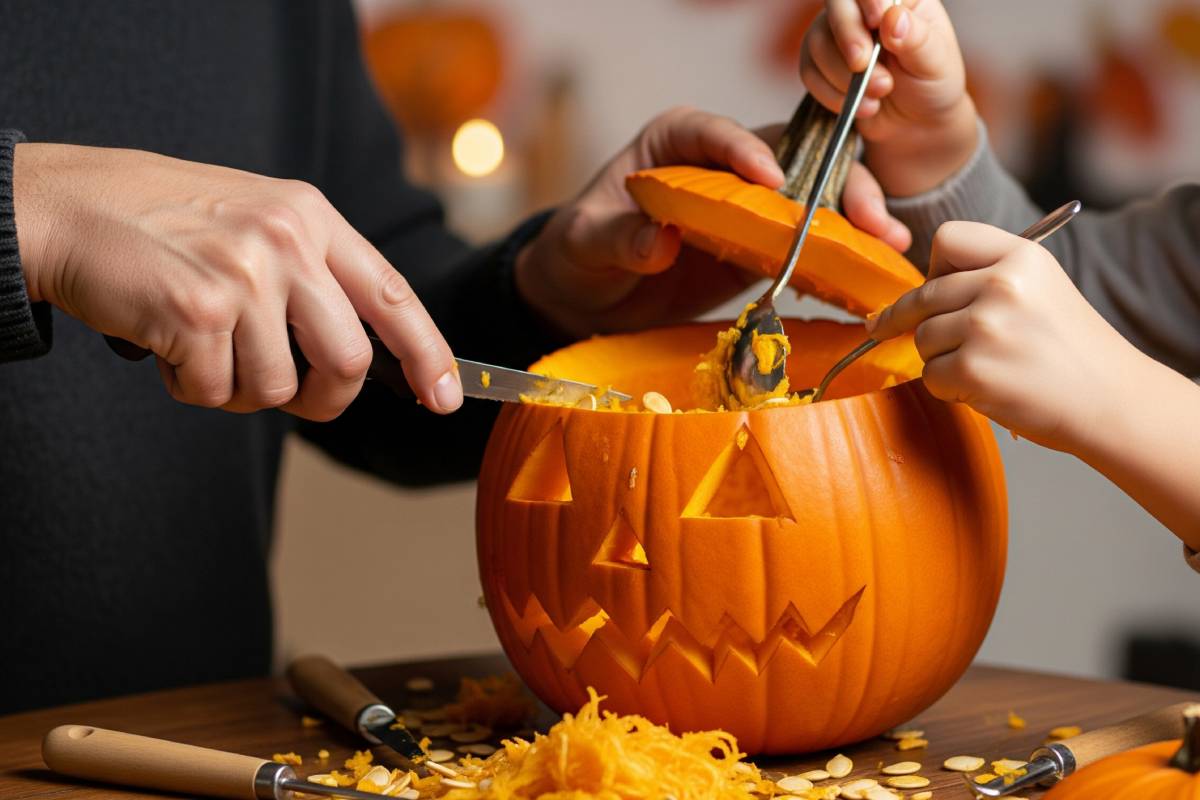 Hands that carve a pumpkin
