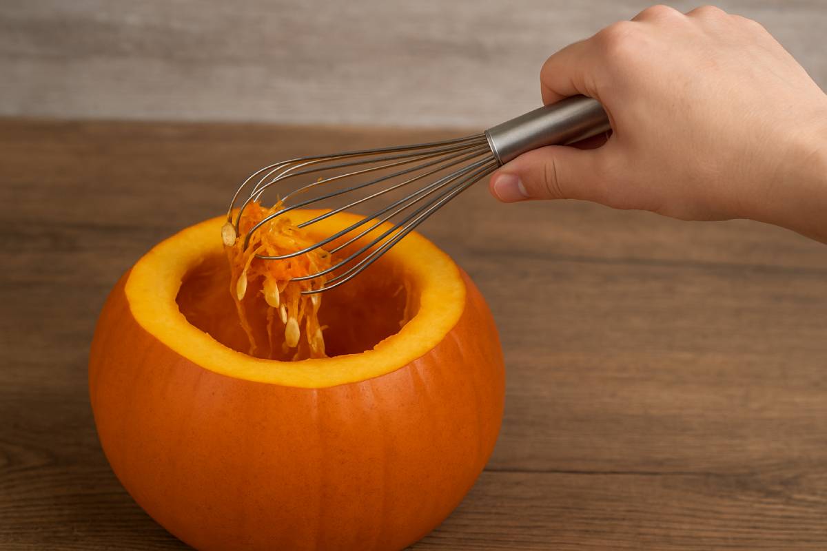 Cleaning the pumpkin with the kitchen whisk