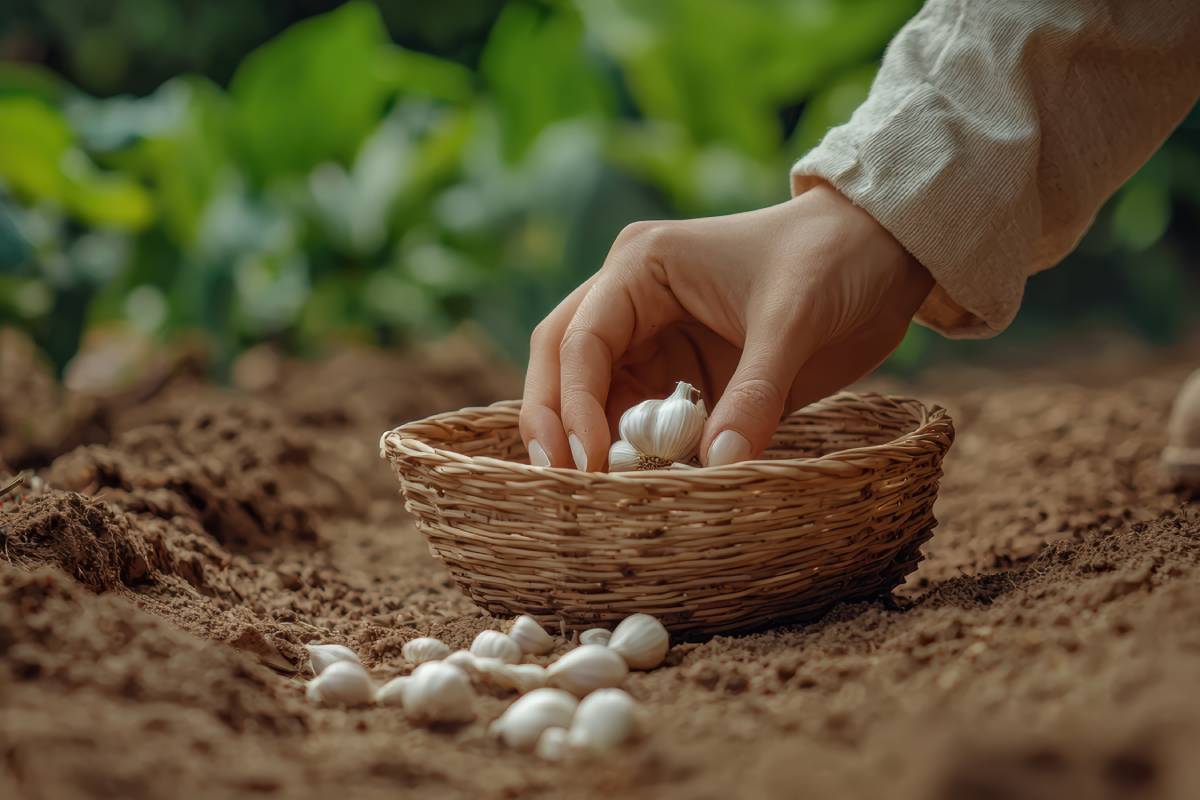 Woman burying garlic