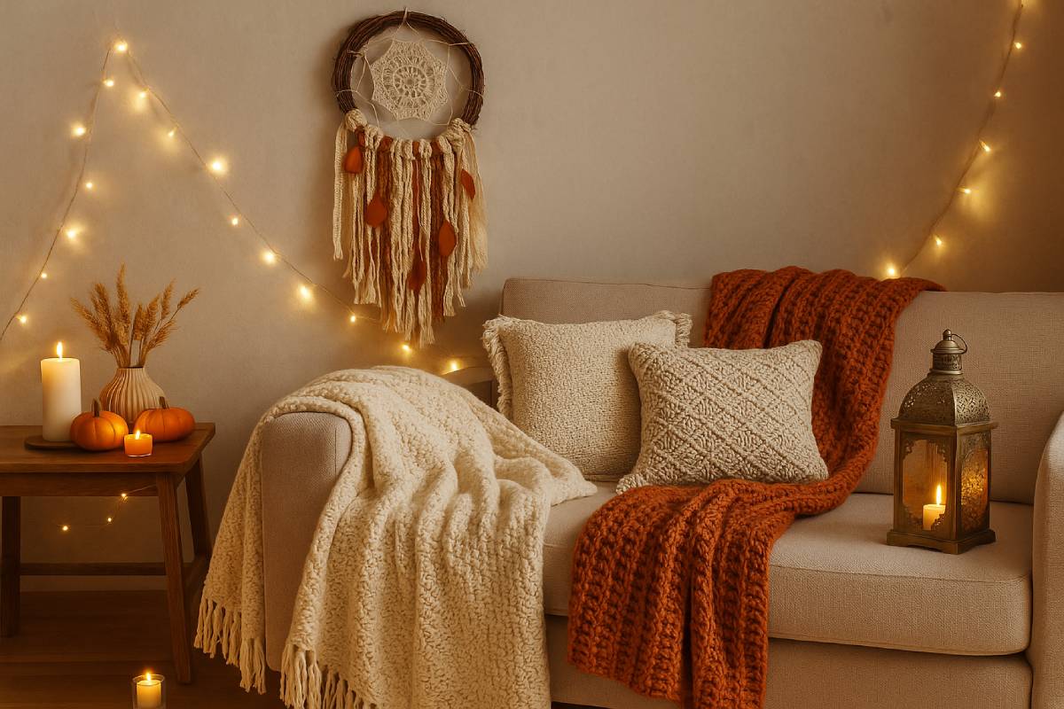 Living room with autumn decorations in romantic style boho