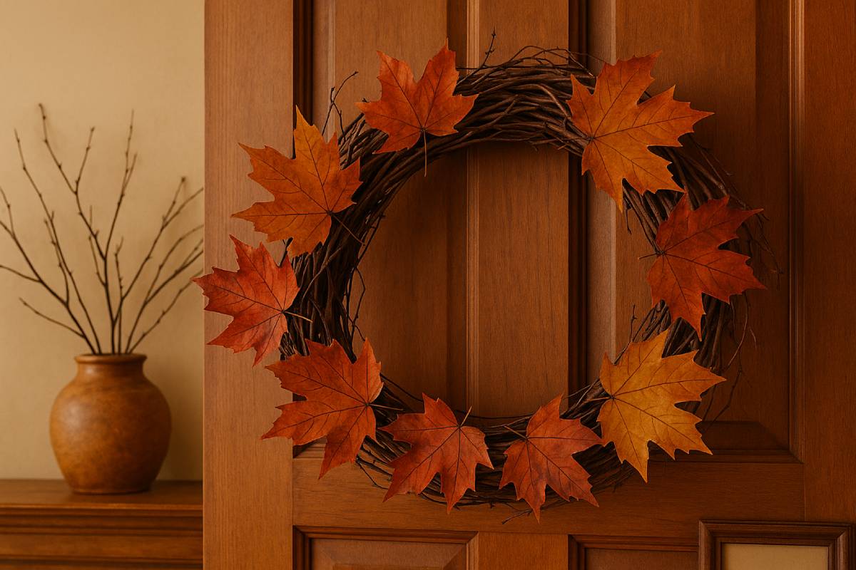 Wreath with dry branches and real leaves