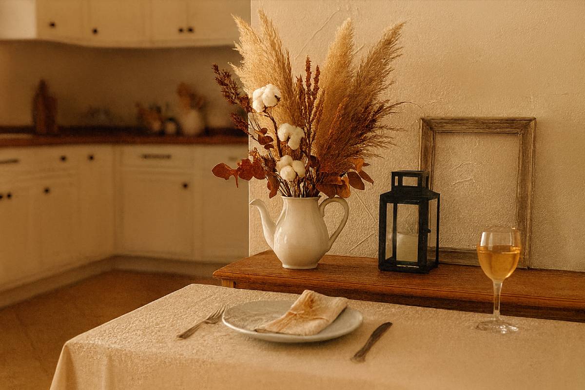 Jug with dried flowers and table with autumnal placeholder