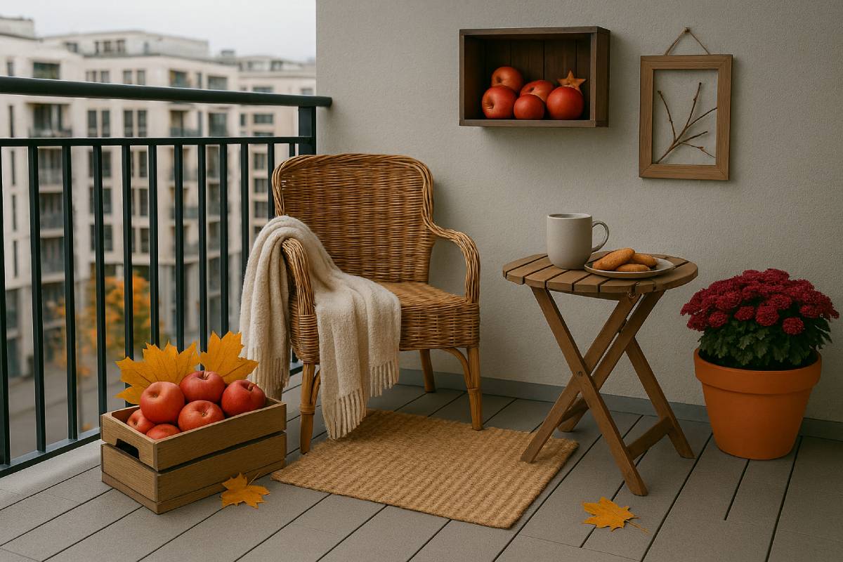 Balcony with rat chair, wooden apple crates and leaves