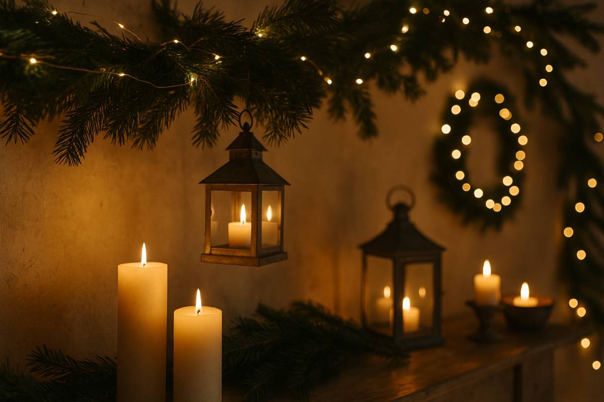 Garlands and lanterns and candles, elegant decorations for Christmas 2025