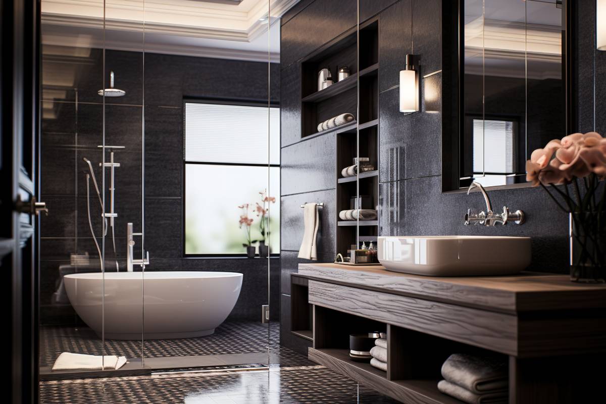 Dark wood effect bathroom
