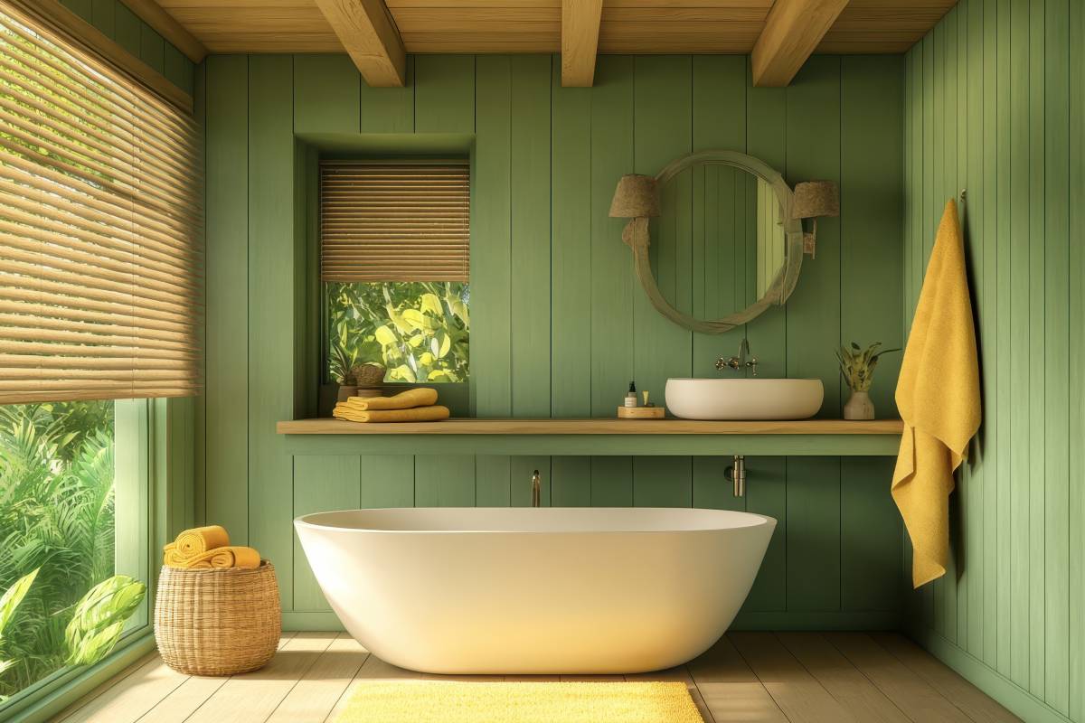 Light wood effect bathroom with sage green