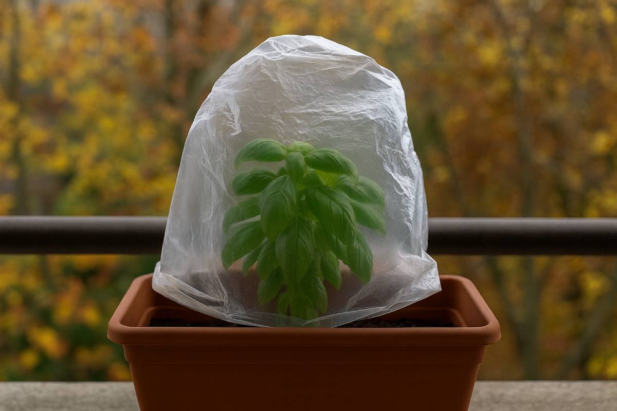 Autumn basil on the balcony covered with a cloth