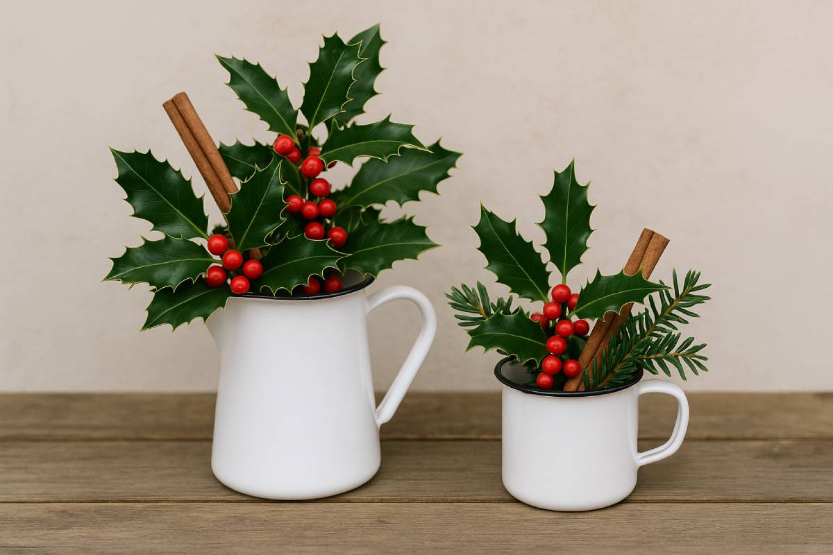 White enamel pots with holly and cinnamon