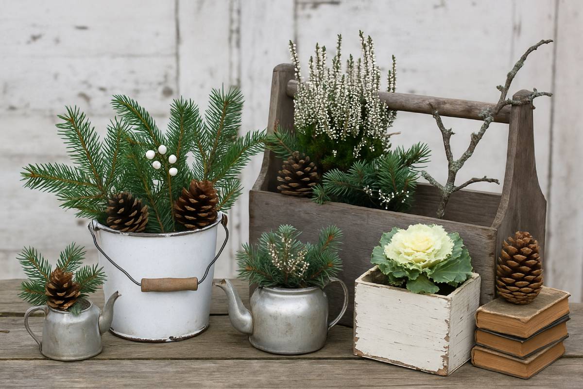 Zinc basins, tool boxes, branches and pine cones