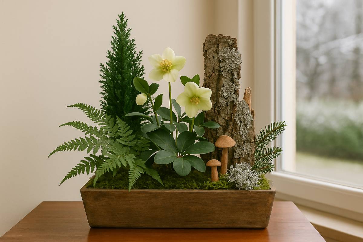 Planter with helleborus, delicate ferns and a small conifer