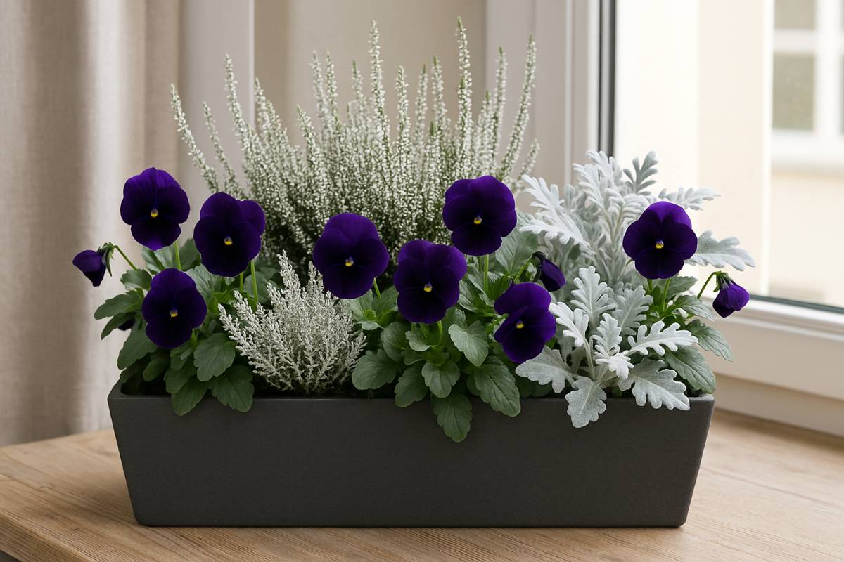 Dark purple pansies, silver heathers and edelweiss