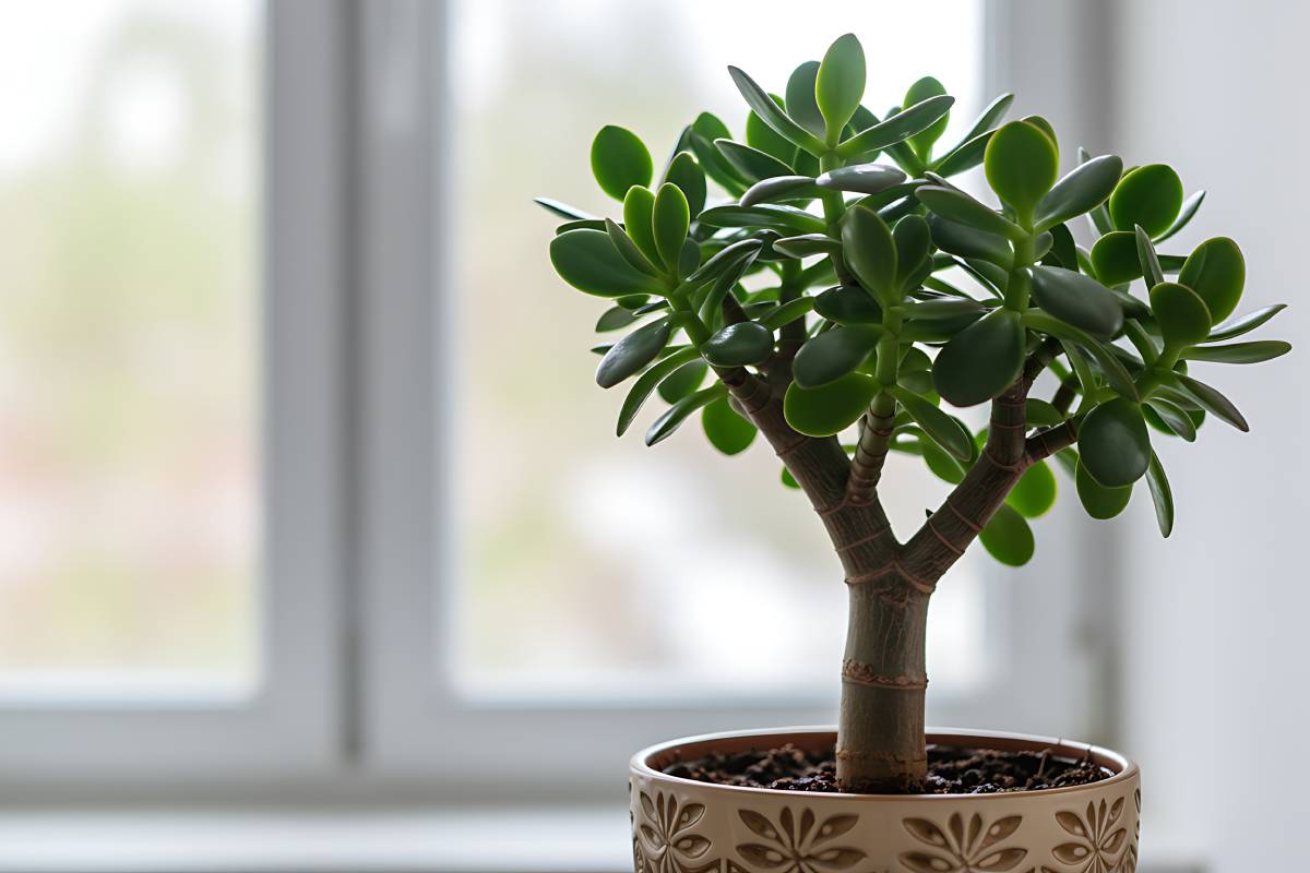 Jade tree in front of the window