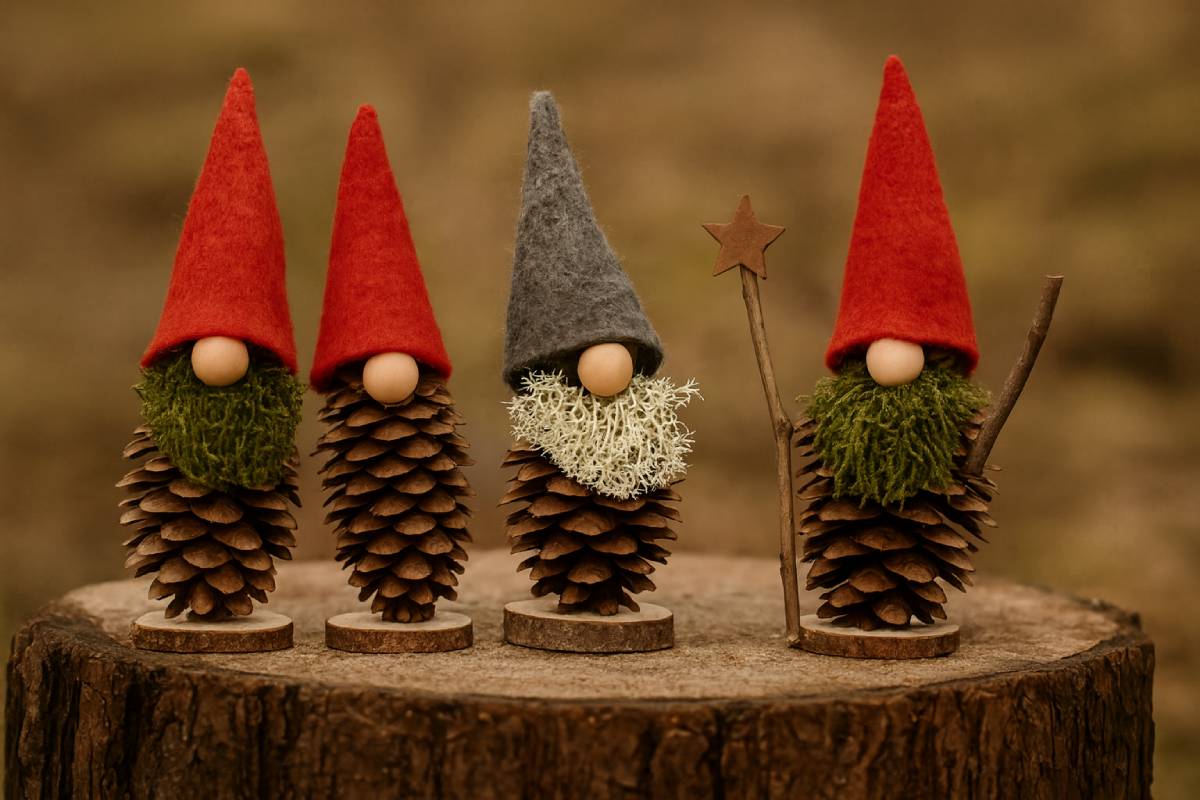 Gnomes with pine cones, wood and moss