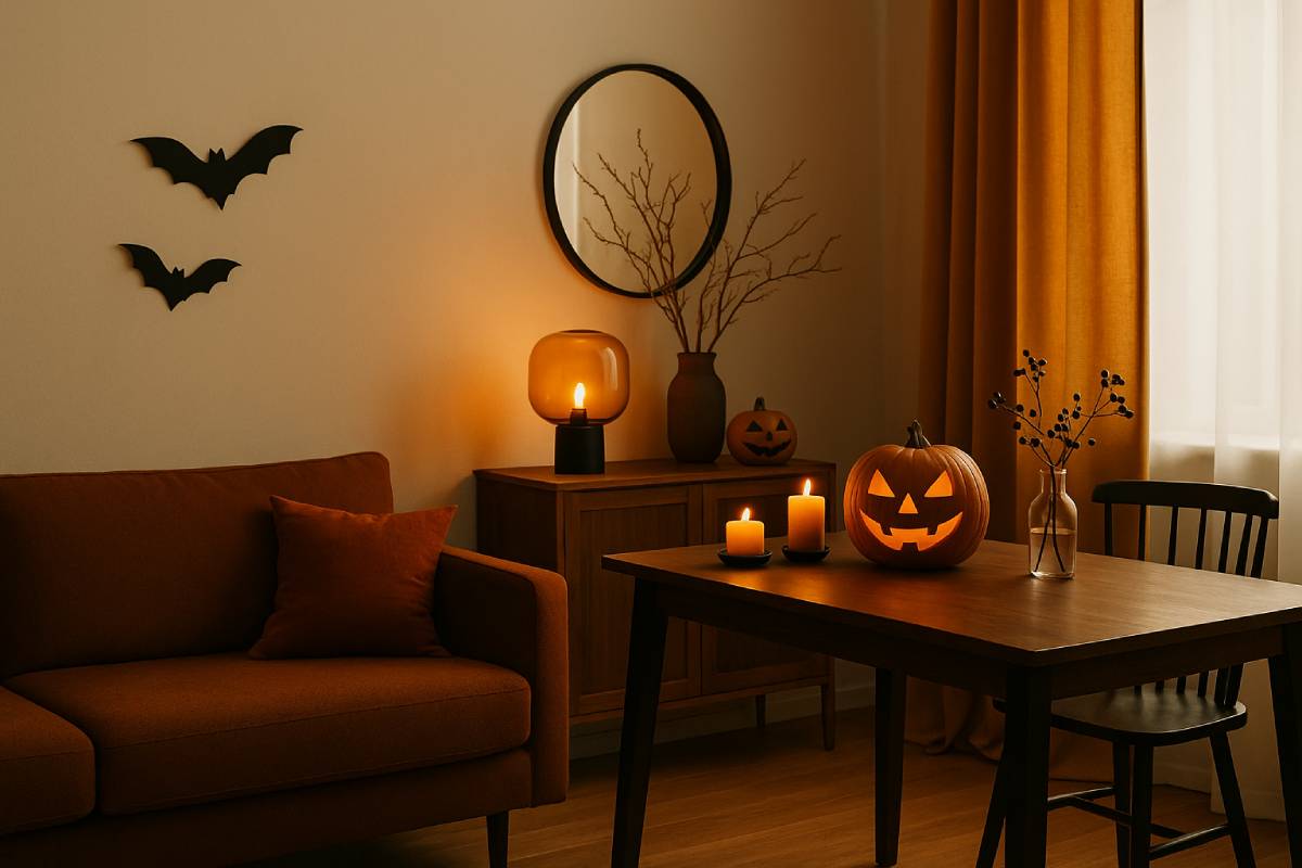 Living room with autumn tones and Halloween decorations