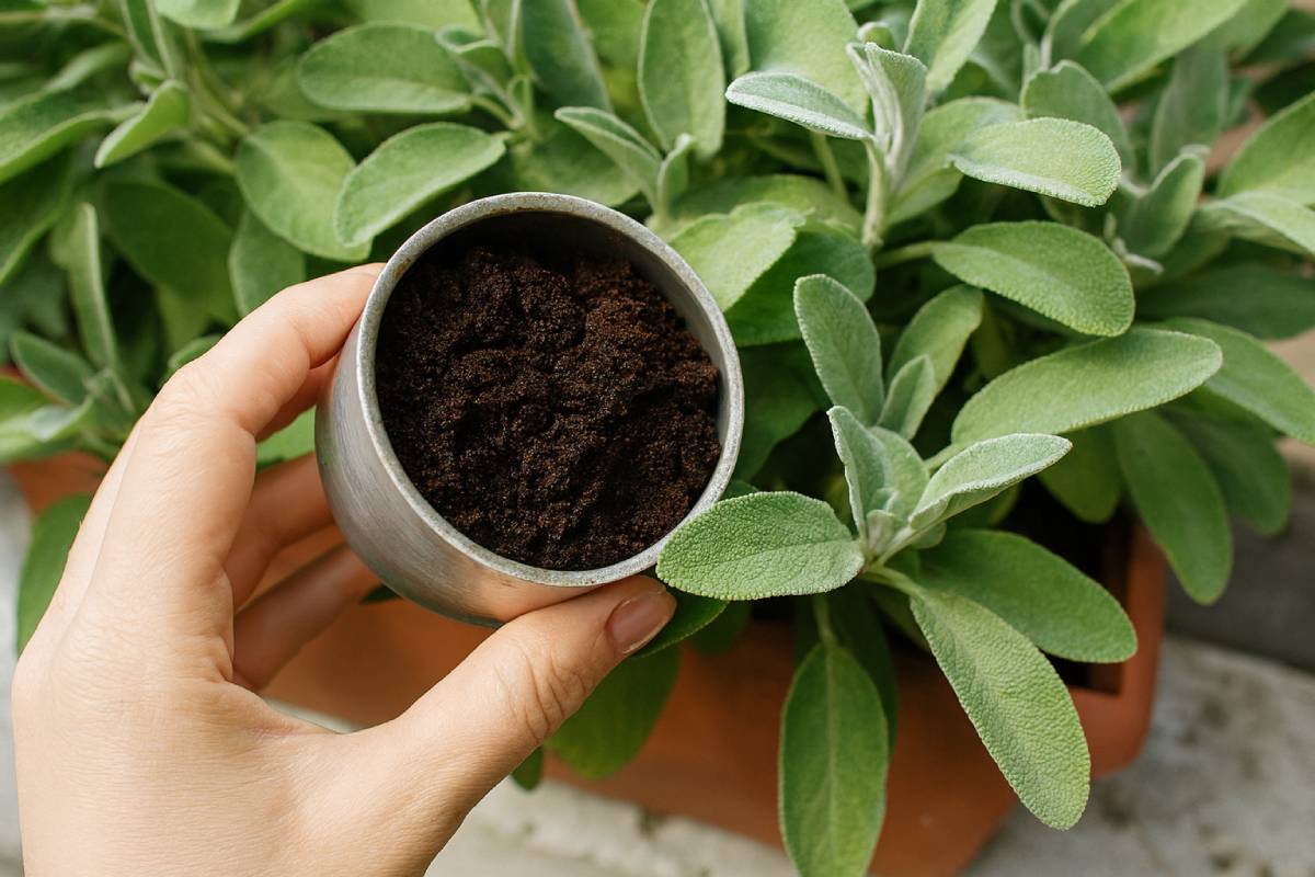 Coffee grounds and sage plant