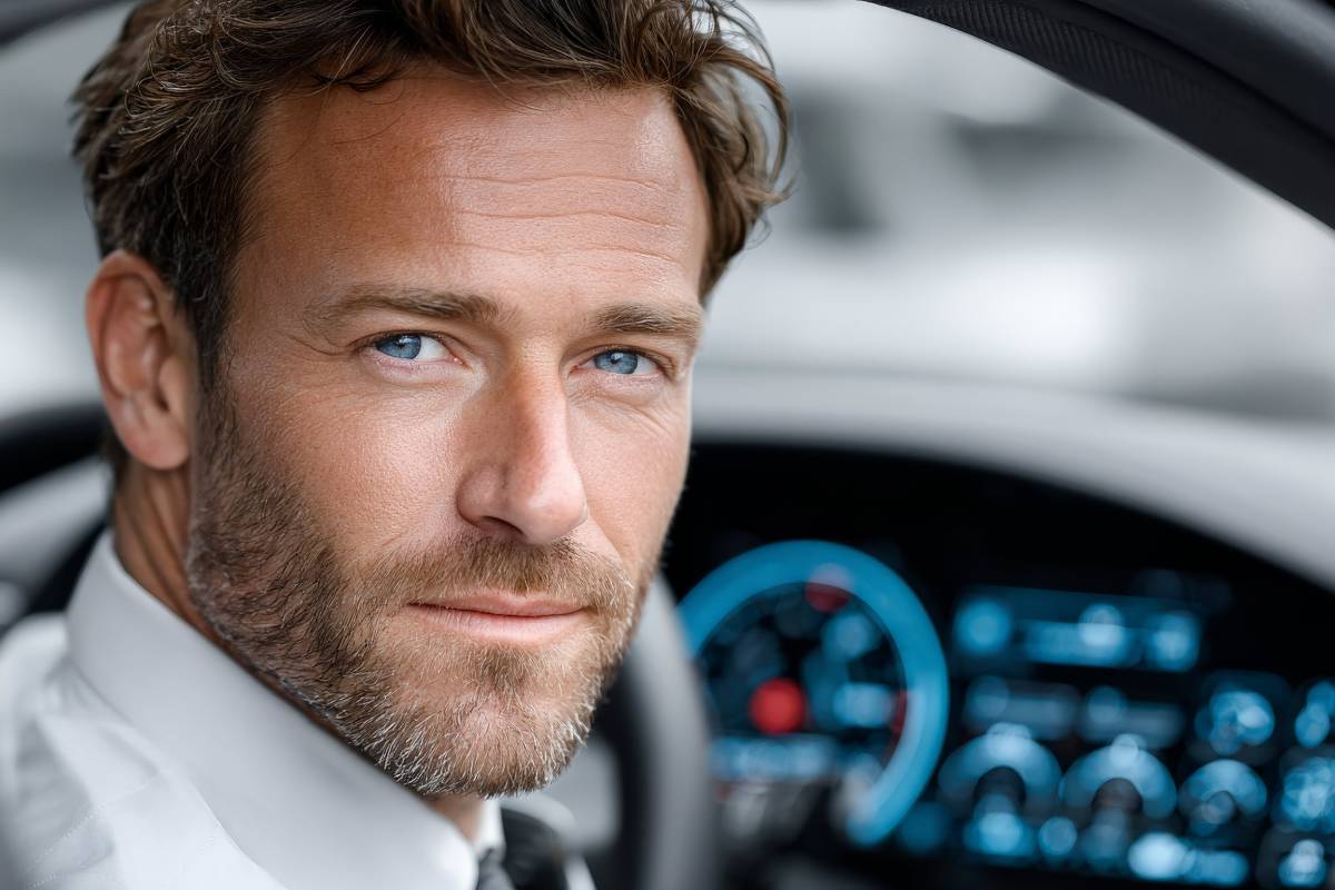 Determined looking man in the car