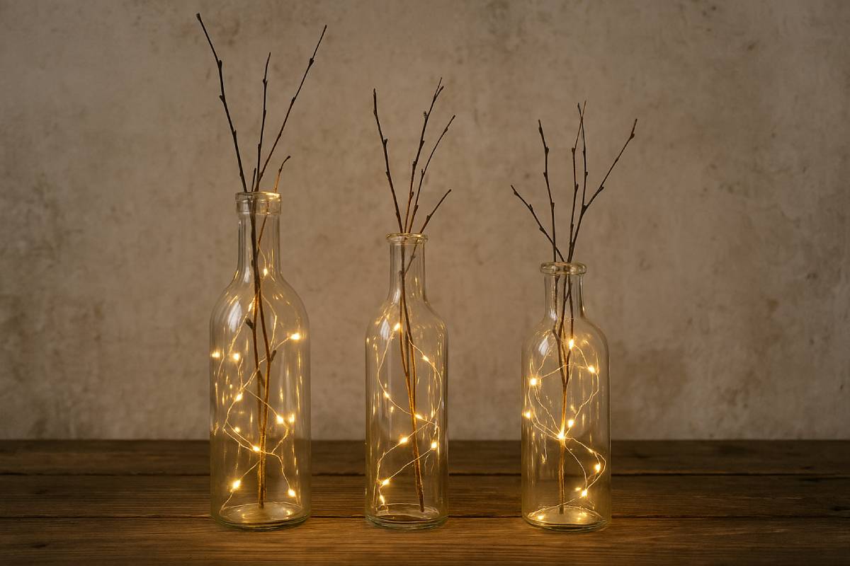 Glass bottles with fairy lights and dry branches