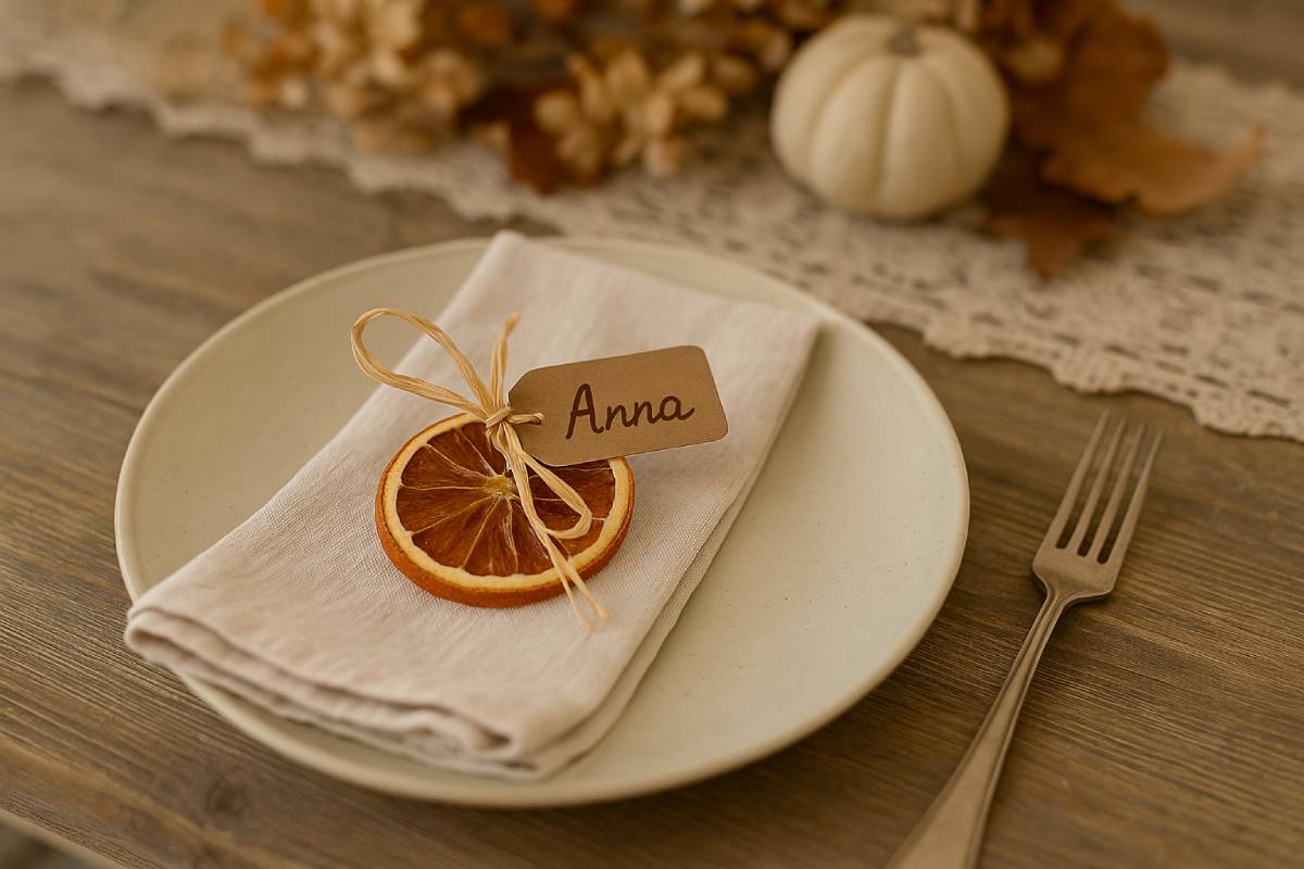 Place card with dried orange slices with raffia thread and tag