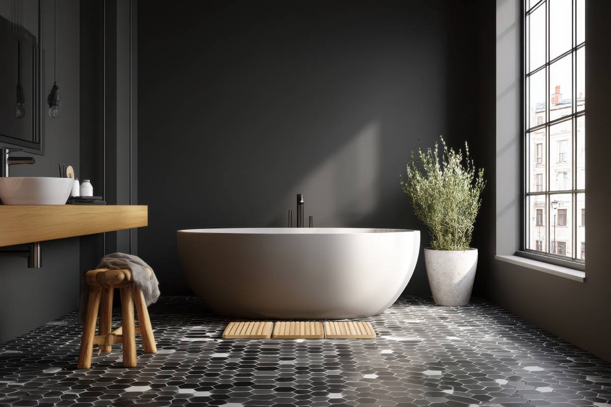 Bathroom with black floor and wall