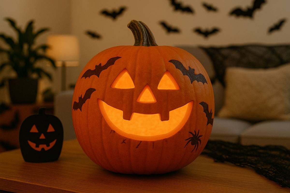 Pumpkin carved with bats and spiders on the peel