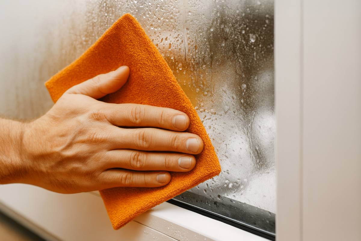 Male hand wiping condensation on a window, a daily gesture that avoids mold in the house in autumn.