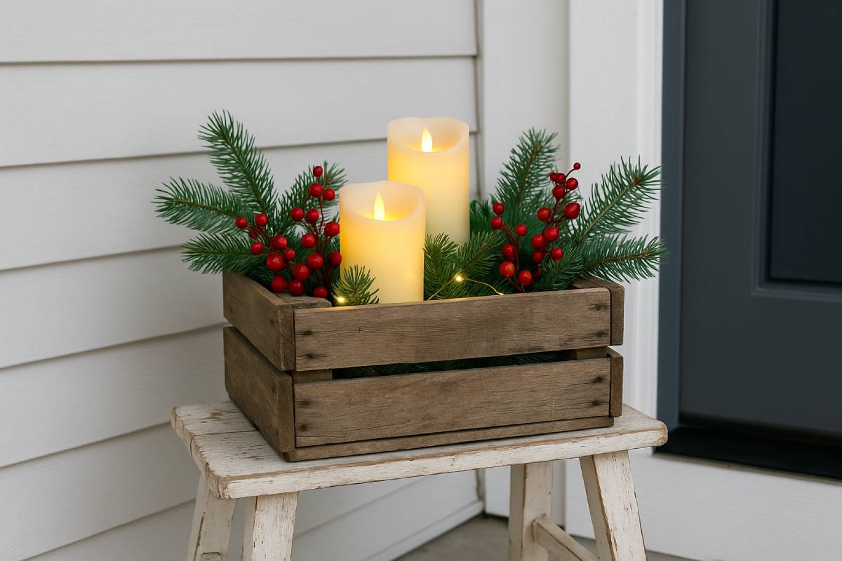 Wooden box with branches, berries and candles