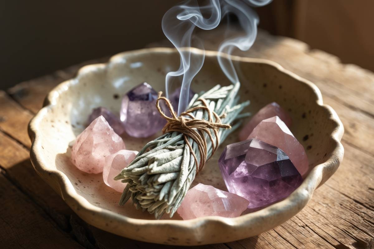 Stick of sage leaves burning at home