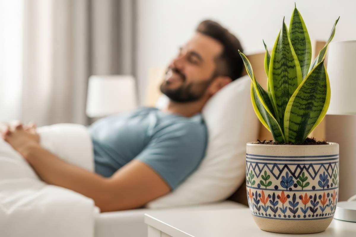 Man sleeping well with sansevieria in bedroom