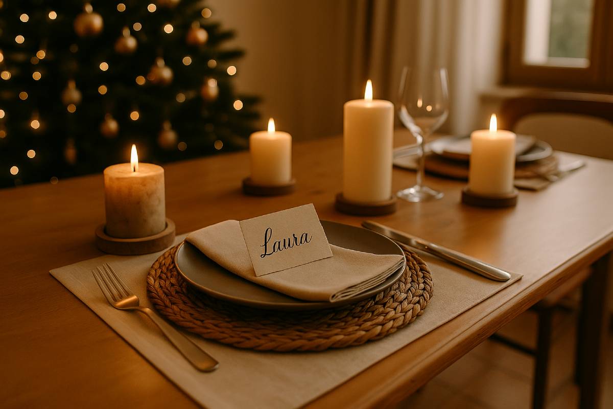 Hand-calligraphed place cards and rattan place cards for Christmas 2025