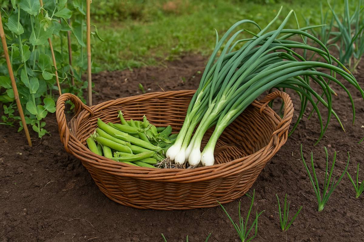 Peas and onions in the November vegetable garden before frost